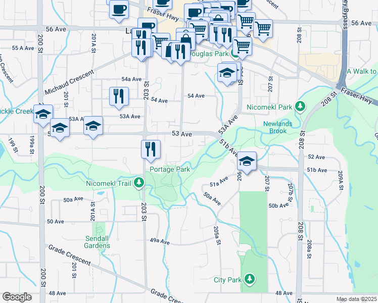 map of restaurants, bars, coffee shops, grocery stores, and more near 5224 204 Street in Langley