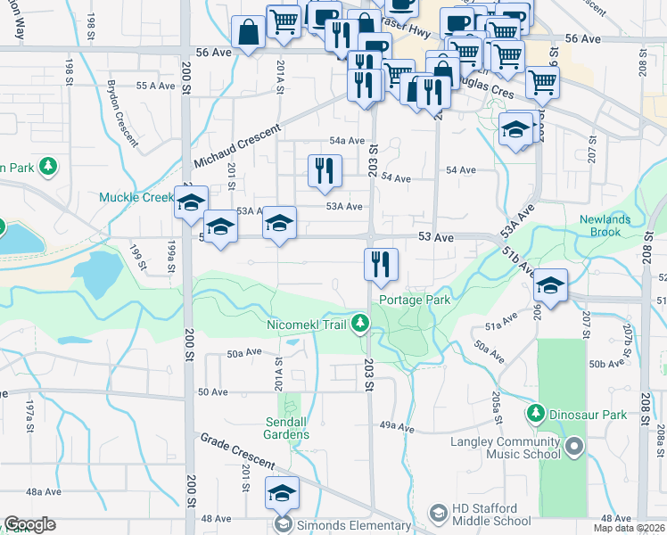 map of restaurants, bars, coffee shops, grocery stores, and more near 20236 52 Avenue in Langley
