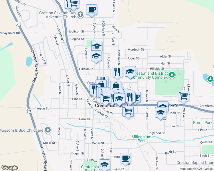 map of restaurants, bars, coffee shops, grocery stores, and more near 238 10th Avenue North in Creston