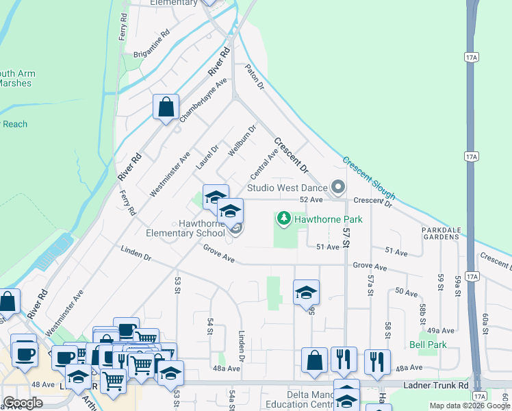 map of restaurants, bars, coffee shops, grocery stores, and more near 5500 52 Avenue in Delta