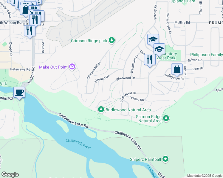 map of restaurants, bars, coffee shops, grocery stores, and more near 46016 Sherwood Drive in Chilliwack