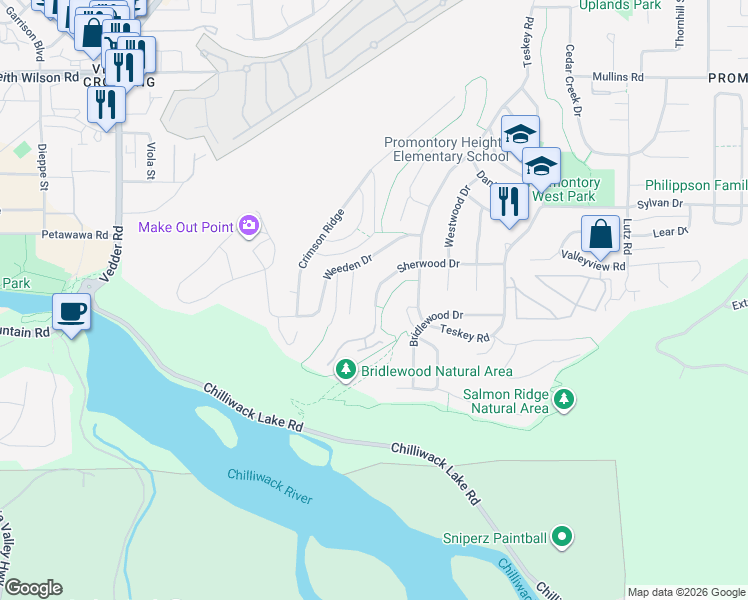 map of restaurants, bars, coffee shops, grocery stores, and more near 46017 Sherwood Drive in Chilliwack