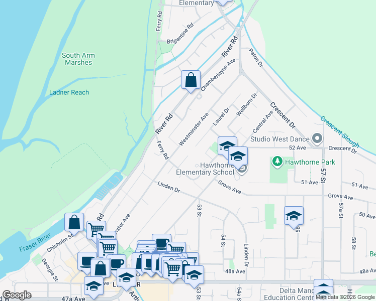 map of restaurants, bars, coffee shops, grocery stores, and more near 5215 Bentley Place in Delta