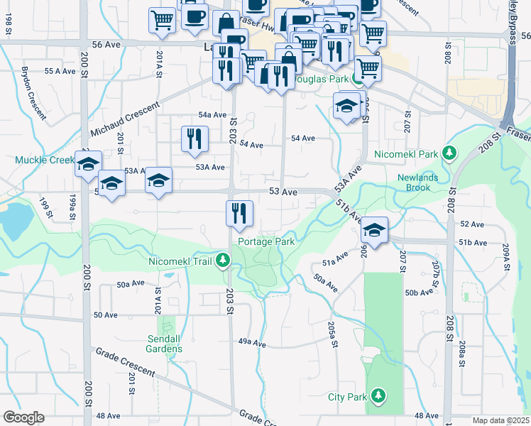 map of restaurants, bars, coffee shops, grocery stores, and more near 5211 204 Street in Langley