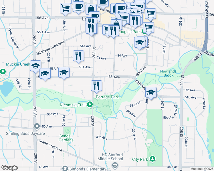 map of restaurants, bars, coffee shops, grocery stores, and more near 5271 204 Street in Langley
