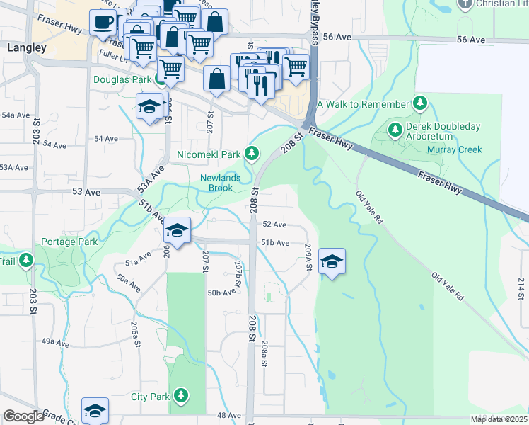 map of restaurants, bars, coffee shops, grocery stores, and more near 20824 52A Avenue in Langley
