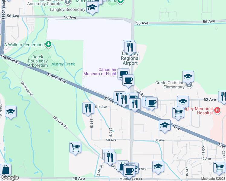 map of restaurants, bars, coffee shops, grocery stores, and more near 21559 Fraser Highway in Langley