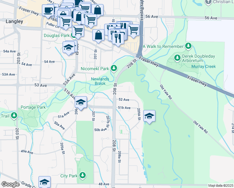 map of restaurants, bars, coffee shops, grocery stores, and more near 20804 52A Avenue in Langley
