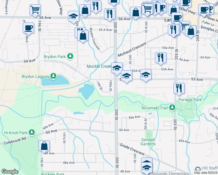 map of restaurants, bars, coffee shops, grocery stores, and more near 5235 199A Street in Langley