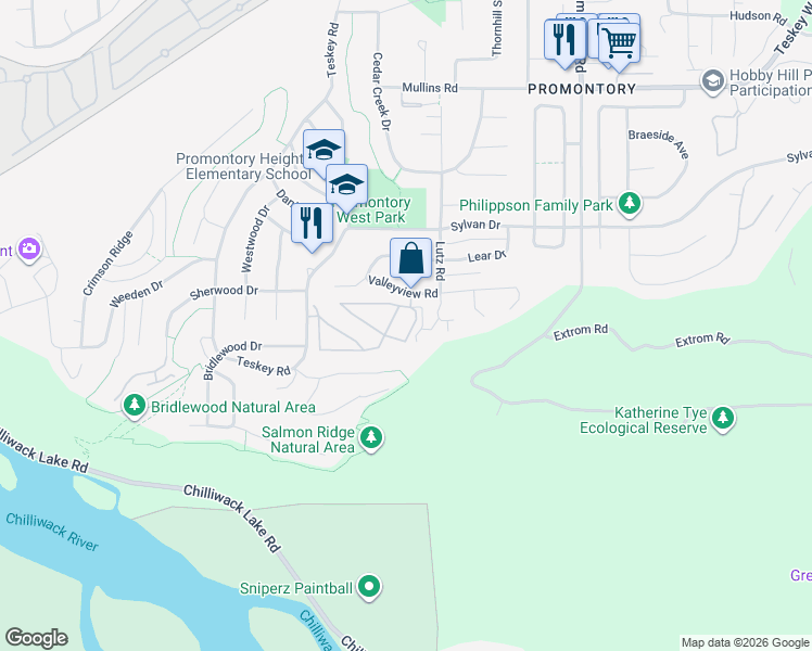 map of restaurants, bars, coffee shops, grocery stores, and more near 46360 Valleyview Road in Chilliwack