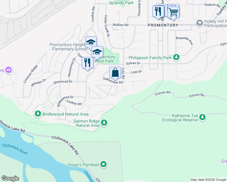 map of restaurants, bars, coffee shops, grocery stores, and more near 46360 Valleyview Road in Chilliwack