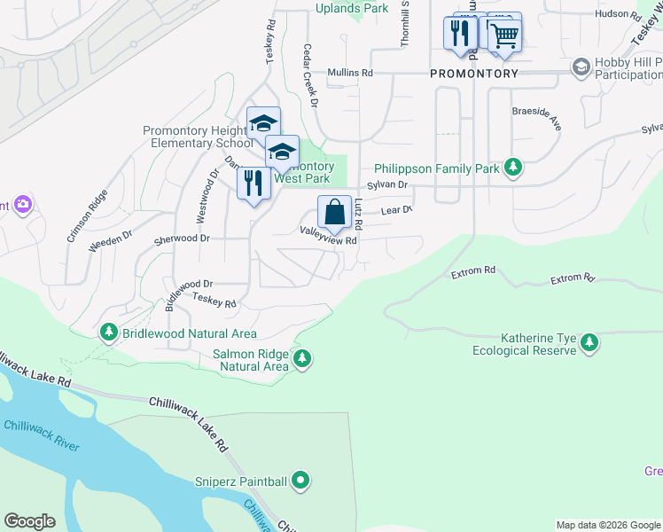 map of restaurants, bars, coffee shops, grocery stores, and more near 46360 Valleyview Road in Chilliwack