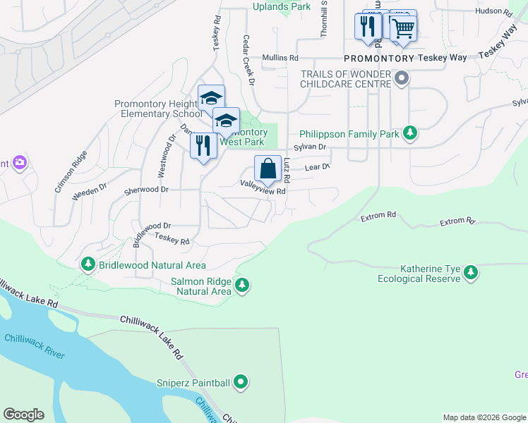 map of restaurants, bars, coffee shops, grocery stores, and more near 46360 Valleyview Road in Chilliwack