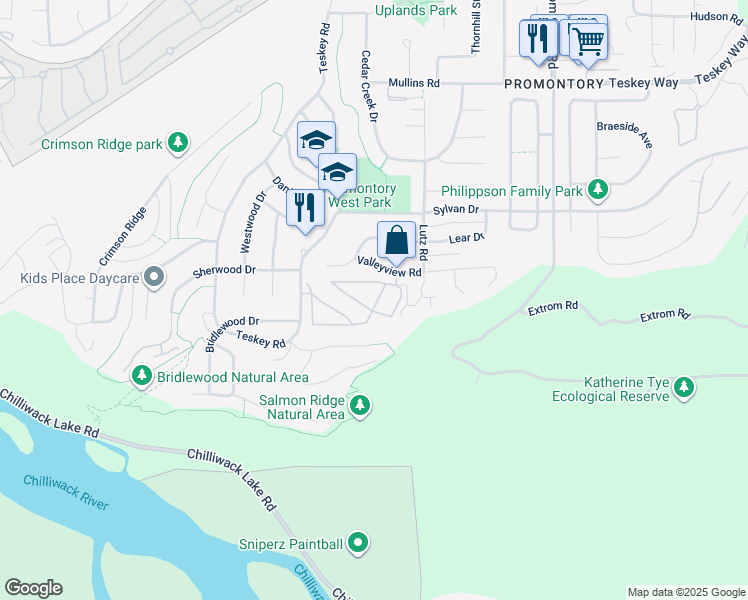 map of restaurants, bars, coffee shops, grocery stores, and more near 46360 Valleyview Road in Chilliwack
