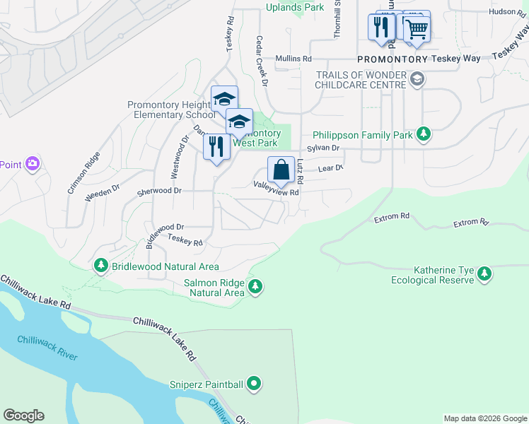 map of restaurants, bars, coffee shops, grocery stores, and more near 46360 Valleyview Road in Chilliwack