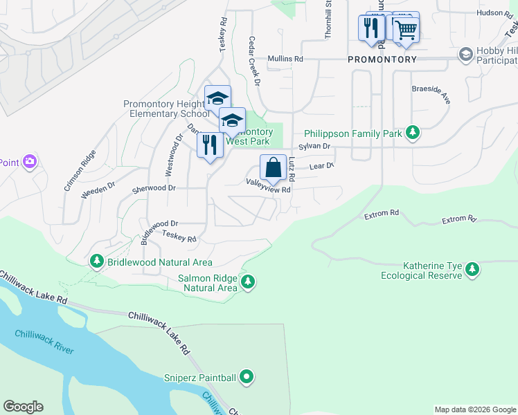 map of restaurants, bars, coffee shops, grocery stores, and more near 46360 Valleyview Road in Chilliwack