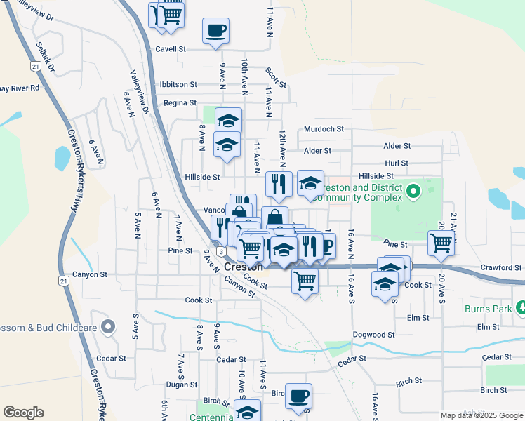 map of restaurants, bars, coffee shops, grocery stores, and more near 1017 Vancouver Street in Creston