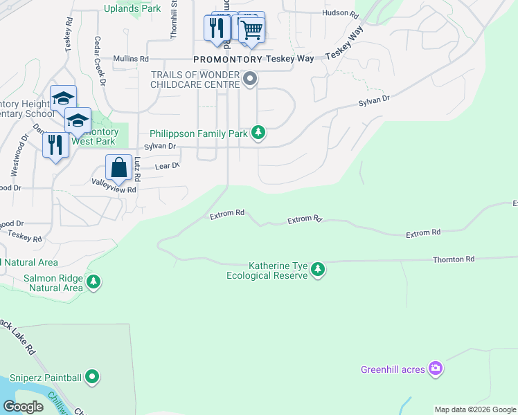 map of restaurants, bars, coffee shops, grocery stores, and more near 46675 Extrom Road in Chilliwack
