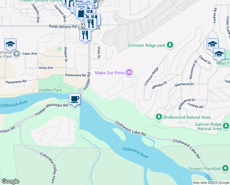 map of restaurants, bars, coffee shops, grocery stores, and more near 46113 Crestview Drive in Chilliwack