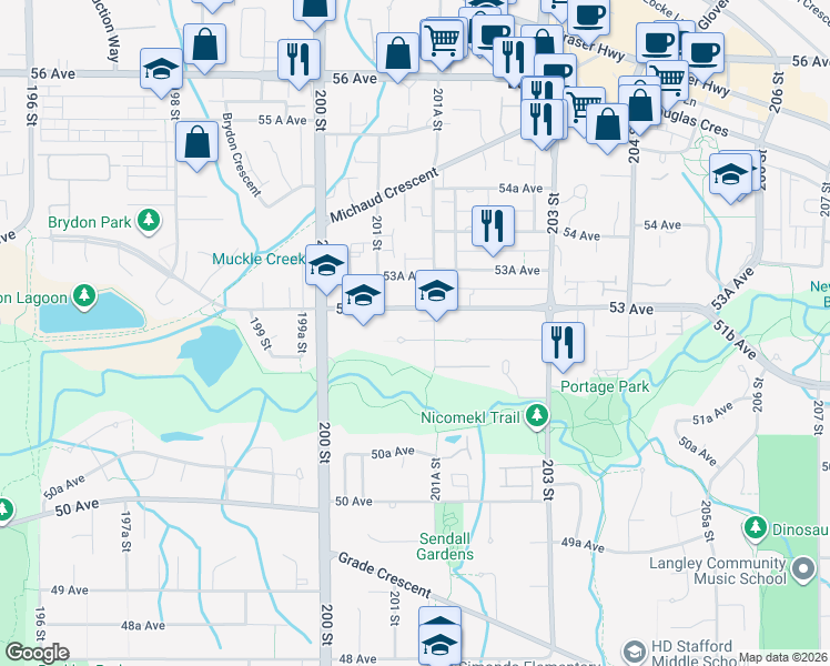 map of restaurants, bars, coffee shops, grocery stores, and more near 20153 52 Avenue in Langley