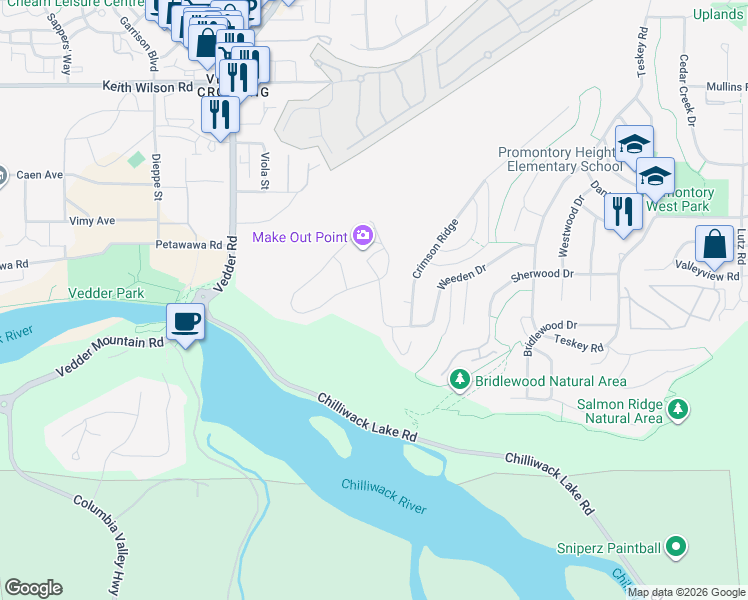 map of restaurants, bars, coffee shops, grocery stores, and more near 45840 Weeden Drive in Chilliwack