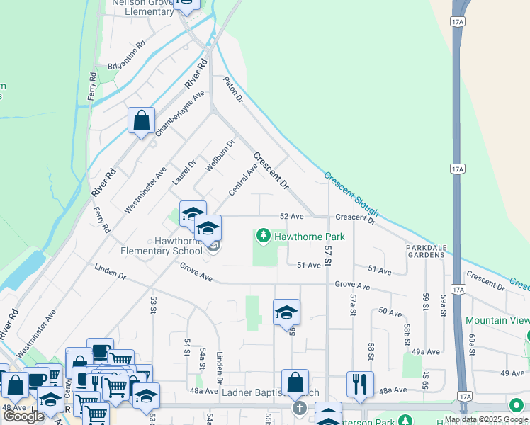 map of restaurants, bars, coffee shops, grocery stores, and more near 5561 52 Avenue in Delta