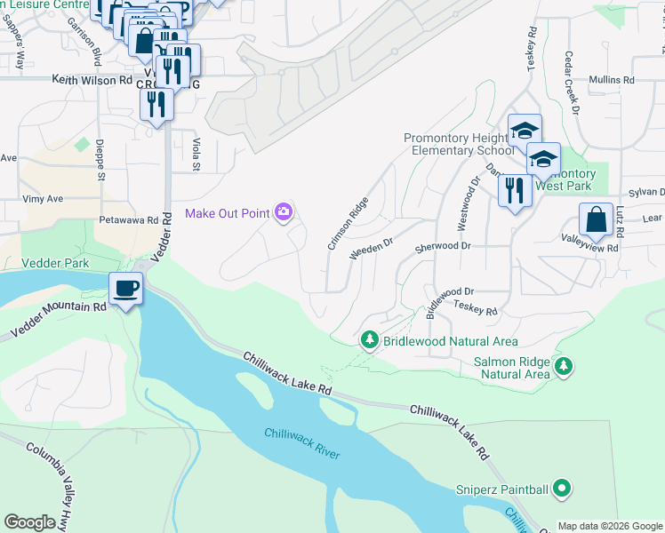 map of restaurants, bars, coffee shops, grocery stores, and more near 5238 Crimson Ridge in Chilliwack