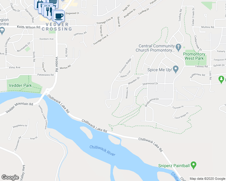 map of restaurants, bars, coffee shops, grocery stores, and more near 238 Crimson Ridge in Chilliwack