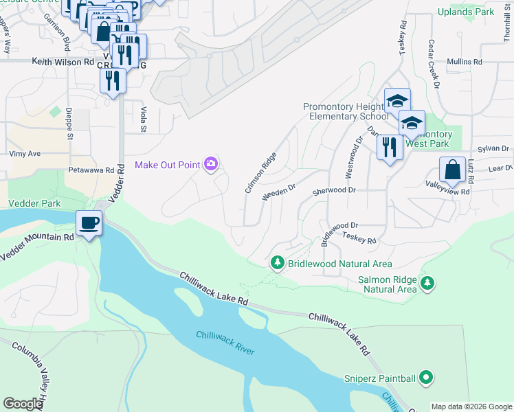 map of restaurants, bars, coffee shops, grocery stores, and more near 45965 Weeden Drive in Chilliwack