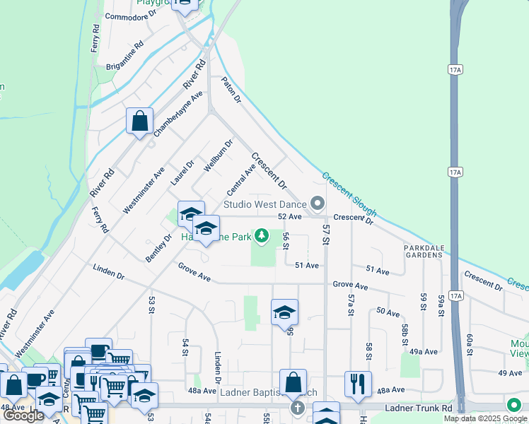map of restaurants, bars, coffee shops, grocery stores, and more near 5561 52 Avenue in Delta