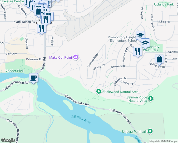 map of restaurants, bars, coffee shops, grocery stores, and more near 238 Crimson Ridge in Chilliwack