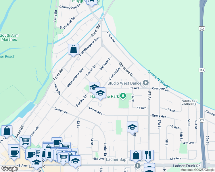 map of restaurants, bars, coffee shops, grocery stores, and more near 5471 52 Avenue in Delta
