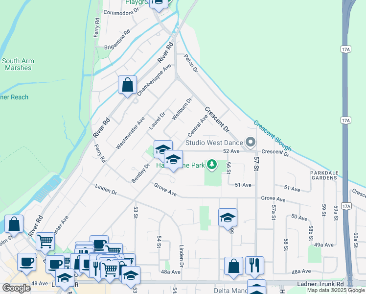 map of restaurants, bars, coffee shops, grocery stores, and more near 5471 52 Avenue in Delta