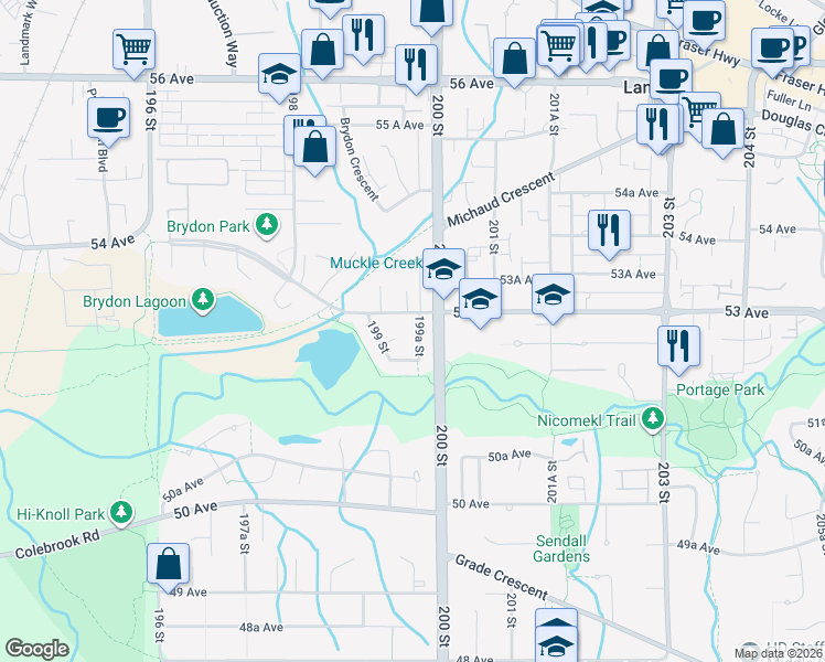 map of restaurants, bars, coffee shops, grocery stores, and more near 5265 199A Street in Langley