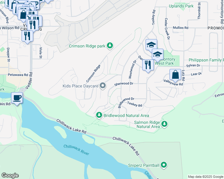 map of restaurants, bars, coffee shops, grocery stores, and more near 46016 Sherwood Drive in Chilliwack