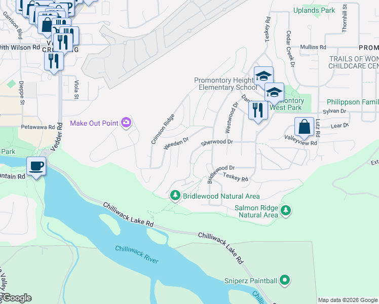 map of restaurants, bars, coffee shops, grocery stores, and more near 46017 Sherwood Drive in Chilliwack