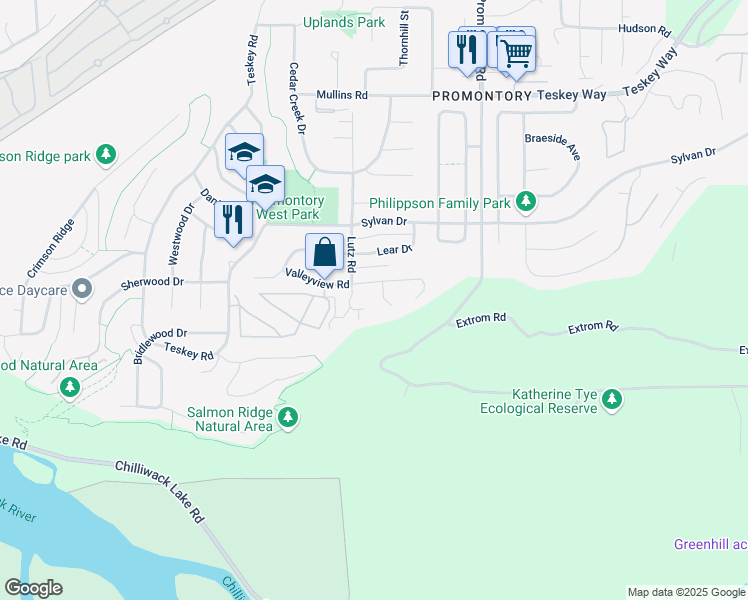 map of restaurants, bars, coffee shops, grocery stores, and more near 5224 Markel Drive in Chilliwack