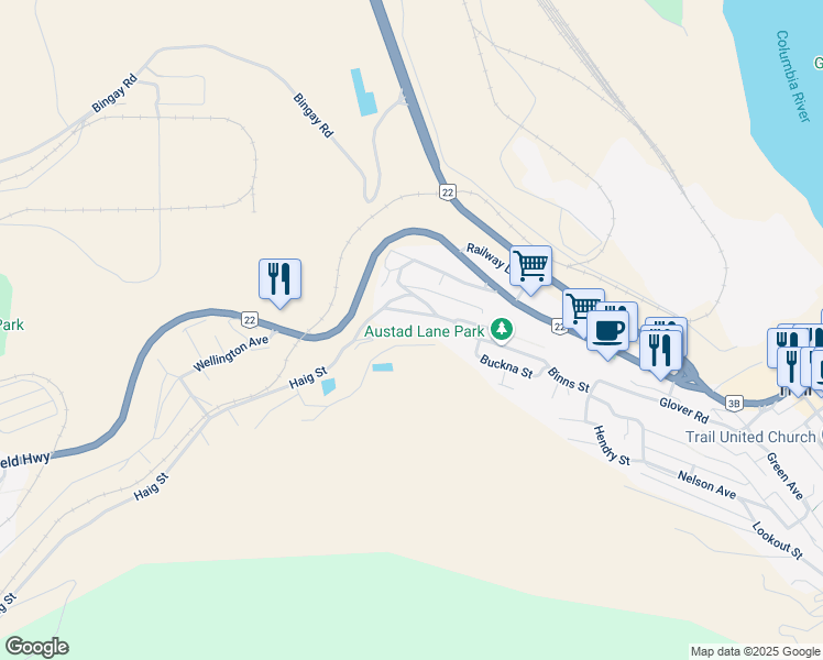 map of restaurants, bars, coffee shops, grocery stores, and more near 170 Kitchener Street in Trail