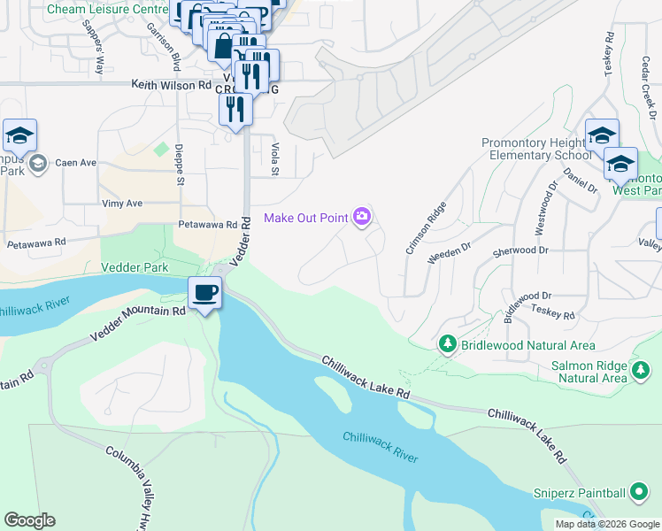 map of restaurants, bars, coffee shops, grocery stores, and more near 46137 Crestview Drive in Chilliwack