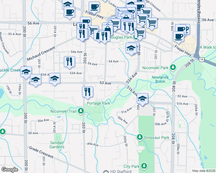 map of restaurants, bars, coffee shops, grocery stores, and more near 5294 204 Street in Langley