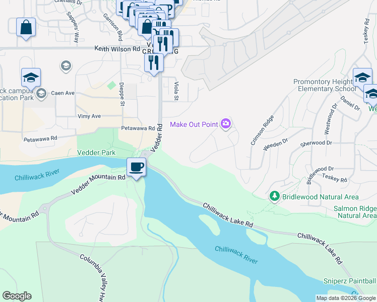 map of restaurants, bars, coffee shops, grocery stores, and more near 5290 Vedder Road in Chilliwack