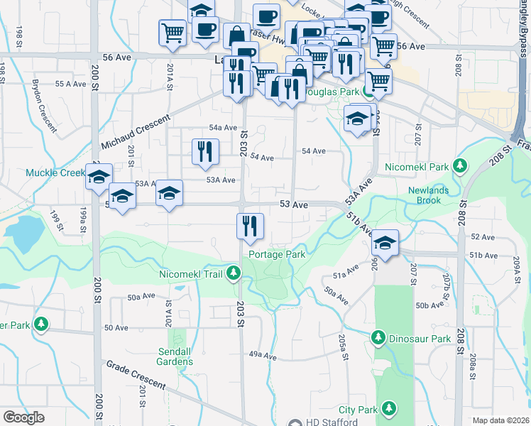 map of restaurants, bars, coffee shops, grocery stores, and more near 20350 53 Avenue in Langley