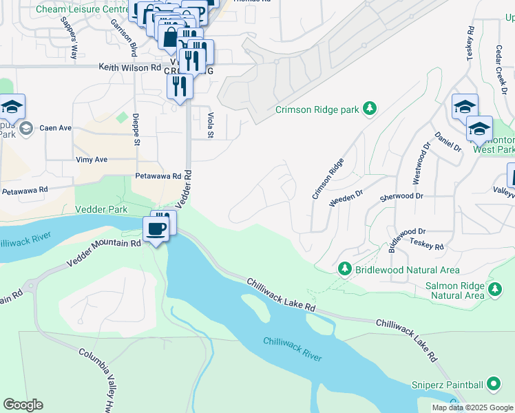 map of restaurants, bars, coffee shops, grocery stores, and more near 46143 Crestview Drive in Chilliwack