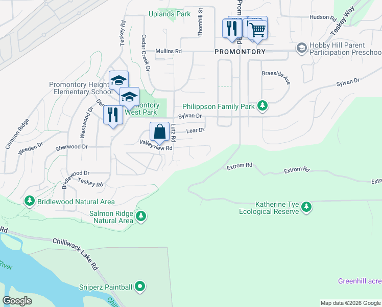map of restaurants, bars, coffee shops, grocery stores, and more near 46428 Valleyview Road in Chilliwack