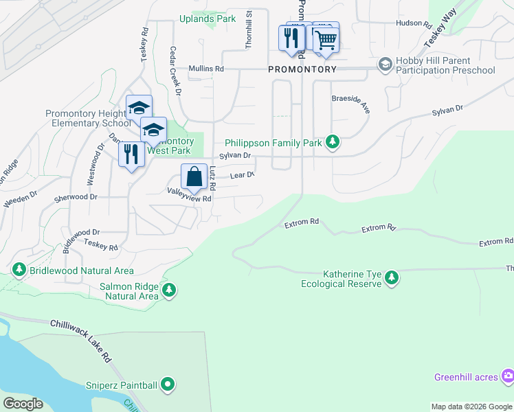 map of restaurants, bars, coffee shops, grocery stores, and more near 46490 Valleyview Road in Chilliwack