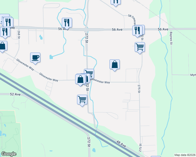 map of restaurants, bars, coffee shops, grocery stores, and more near 27265 Gloucester Way in Langley Township