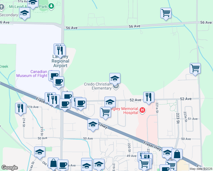 map of restaurants, bars, coffee shops, grocery stores, and more near 21817 52A Avenue in Langley