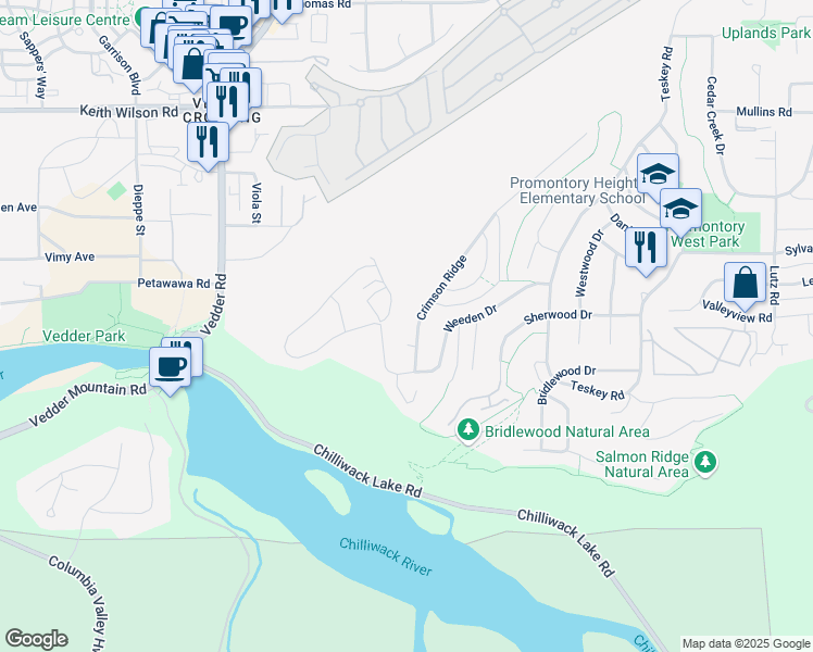 map of restaurants, bars, coffee shops, grocery stores, and more near 5243 Crimson Ridge in Chilliwack