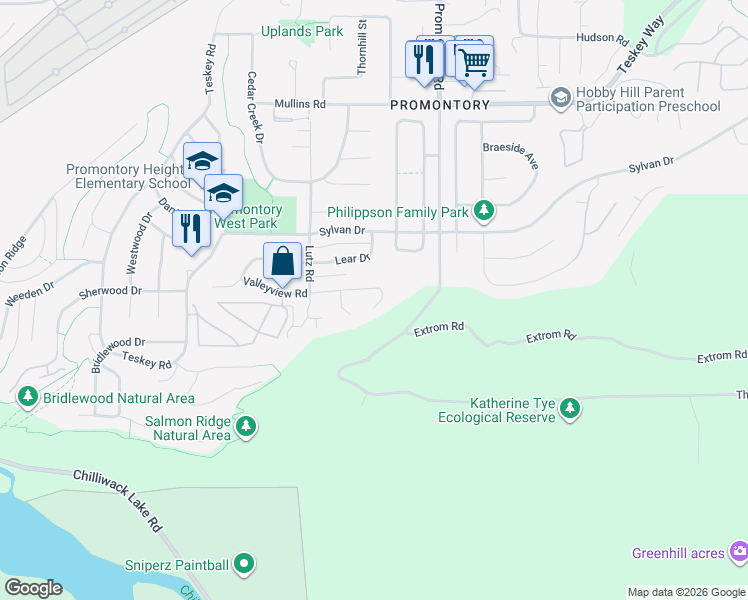 map of restaurants, bars, coffee shops, grocery stores, and more near 46492 Valleyview Road in Chilliwack