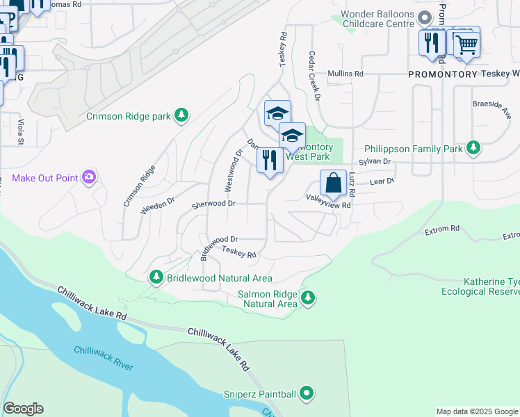 map of restaurants, bars, coffee shops, grocery stores, and more near 5285 Teskey Road in Chilliwack